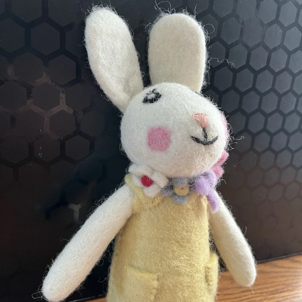 Artist Handmade Needle Felted Bunny Rabbit Girl Yellow Dress Flowers Easter Gift